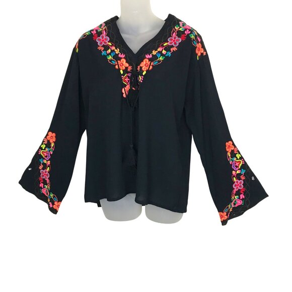 Misa Los Angeles Tops - Misa Los Angeles Beautiful Black Embroidered Boho Blouse With Ties Size XS